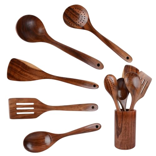 6 Piece Wooden Kitchen Utensils Sets Non-Toxic Wooden Spoons Cooking Spoons and Spatulas Heat Resistant Non Scratch Japanese Style Cooking Utensils Set for Non-Stick Pans