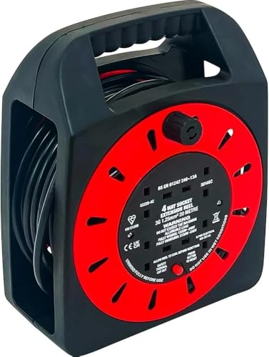 Housetronics 4 Way Gang 20M Extension Reel Heavy Duty Cassette Lead Cable Mains Socket 20A Metre Suitable for Indoor & Outdoor Use | Bag Shape | Appliance Connecter