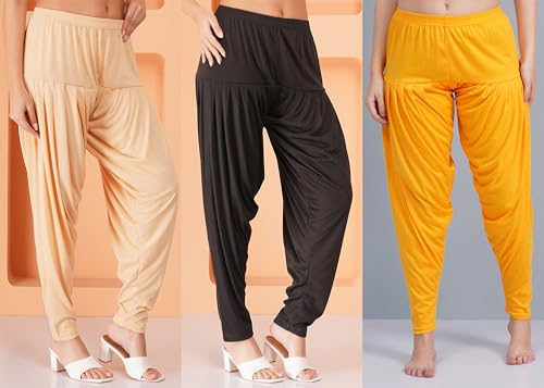 Image of Buy That Trendz Patiyala Pants for Women Pack of 3 Viscose Pants for Womens Patiyala Salwar Bottoms Light Skin-Black-Yellow XL
