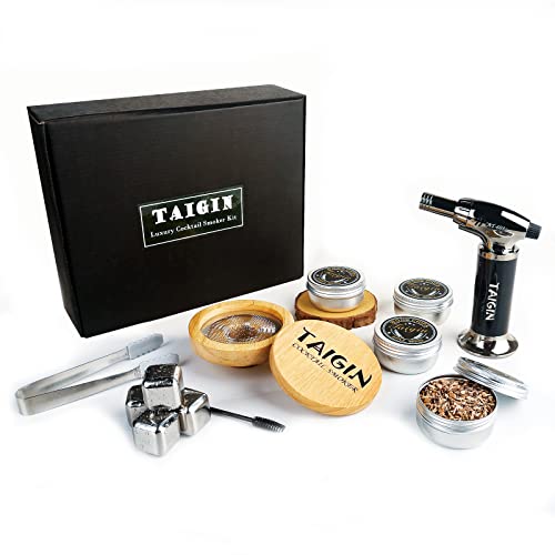 Taigin Cocktail Smoker kit with Torch, Stainless Ice Cubes and 4 Pack of Cheery, Apple, Pecan, & Oak Wood Chips- Old Fashioned Whiskey Smoker Set - Gift for Man. (No Butane)