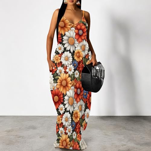 Image of SUZONANA Women's Plus Size Summer Dresses Spaghetti Print Midi Dresses Long Loose Sundresses