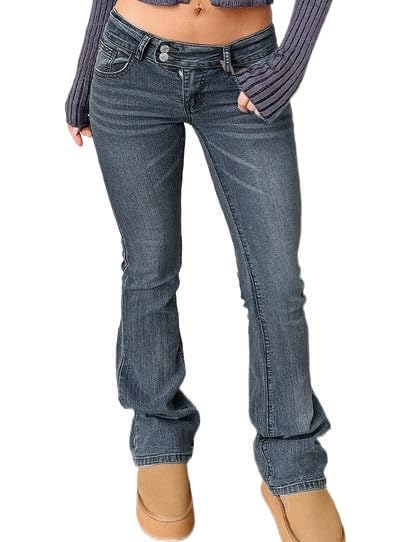 Image of Women's Stretch Low Rise Double Button Elastic Skinny Vintage Flare Jeans