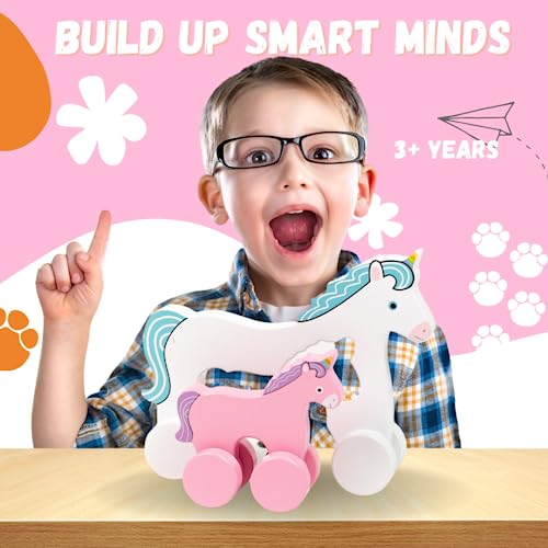 Image of Jack Rabbit Creations Big & Little Unicorn Push Toy 2 in 1 Wooden Roller Animals- Pull STEM Toys for Toddlers Develops Coordination and Fine Motor Skills- Ages 18 Months+