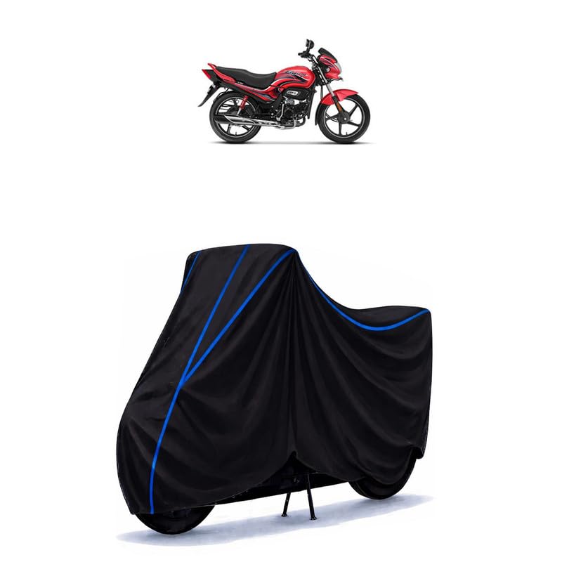 Image of Hero Passion Plus E20 Bike Cover Water Resistant Universal Motorcycle Rain | Heavy Duty UV Protection, Dust, Scratch Indoor Outdoor All Weather with Black Blue Piping Elastic