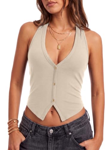 OPOIPIN Women's Halter V Neck Sexy Tank Tops Beige Large