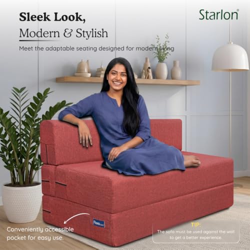 Image of Starlon 3 Seater Foldable Sofa Cum Bed 3-in-1 with 2 Waves Pattern Pillows, Washable Jute Fabric Cover, Space Saving Guest Bed, Pre-Assembled Royal Maroon 5x6.5 Ft