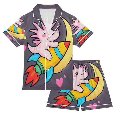 Satin Pajama Sets Short Sleeve Cute Axolotl on Crescent Button Down Silky Nightwear 2 Piece PJS 5-14Y