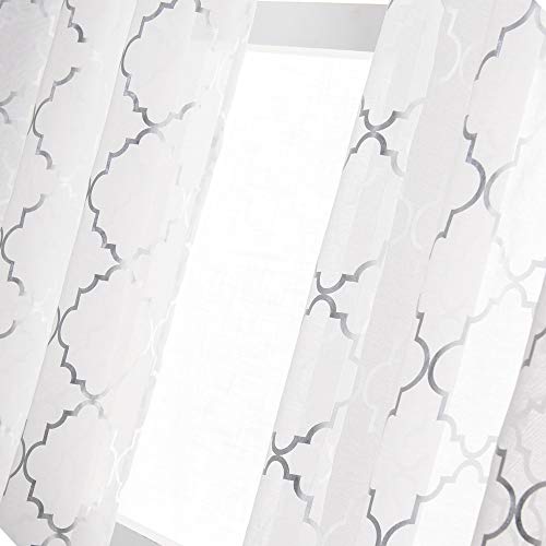 YJ YANJUN White Silver Kitchen Curtains 45 Inch Length Metallic Prin Short Curtains for Small Window Sheer Curtains 45 inch Length Set of 2 Panels 52 W x 45 L Inch White/Silver - Image 3