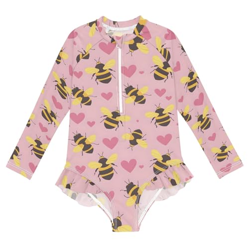 Bee and Heart Pink Girls Long Sleeve Swimsuit Rash Guard One Piece Bathing Suits Zipper 3-12T