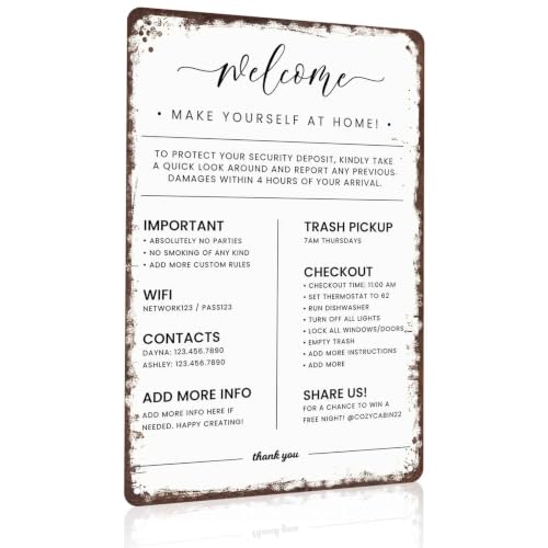 BGUXIG Aluminum Welcome Sign for Short Term Vacation Rental, 8x12 Inch Rustic House Rules Guest Information with WiFi Checkout Instructions, AirBnB VRBO Host Property Sign, Wall Mount, Rectangular