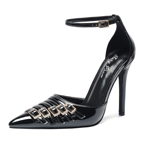Women's Pointed Toe 4.3-Inch Stiletto Pumps Ankle Buckle Strap for Nightclub Wedding Party Shoes