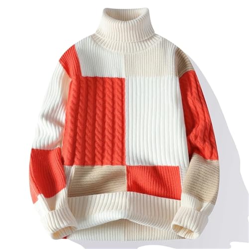 Men's High Neck Sweater Patchwork Knitwear Pullover Loose Fit Casual Winter Outfit Warm Long Sleeve Top2