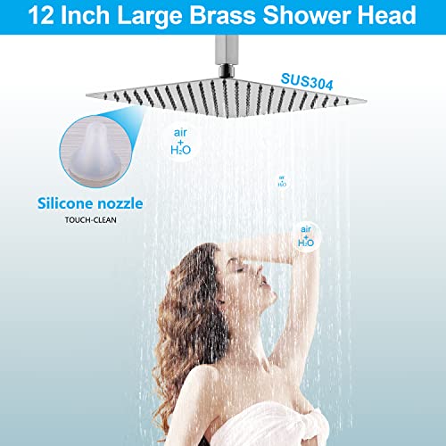 Zygolvq Thermostatic Brass Rain Shower System - 12 Inch Luxury Square Rainfall Head And Handheld Spraywith Full Body Jets Faucet Set Combo, Can Use All Functions At Same Time, Brused Nickel #TOP2