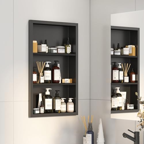 Mepplzian Bathroom Medicine Cabinet Recessed,14x24 Black Shower Niche for Shower