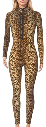 Maeau Leopard Overall Damen Einteiler Jumpsuit Figurbetont Ganzkörperanzug Langarm Sexy Jumpsuit Clubwear Frontreißverschluss Catsuit Turnanzug L