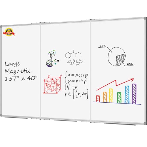 Lockways Large Magnetic 157" x 40" Dry Erase Board, Foldable Wall Mounted Whiteboard| White Board with Pen Tray for Business,Team,Home Office,Home Education and School Classroom