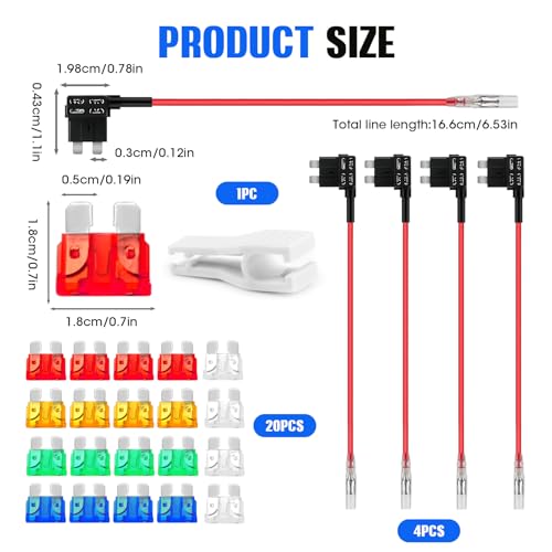 YENOVO 4 Pack 12V Car Add-a-Circuit Fuse Tap Adapter, Standard Blade Fuse Taps with 20 Pcs Fuses (10A/15A/20A/25A/30A), ATO ATC ATM APM Fuse Holder Jumper for Cars Trucks Boats