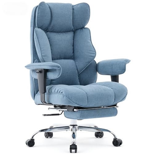 Efomao Silla de Oficina Ergonómica Acolchada, Silla de Escritorio Reclinable con Reposapiés Retráctil y Soporte Lumbar, Sillón de Trabajo y Gaming en Tela Transpirable, Altura Ajustable (Azul)