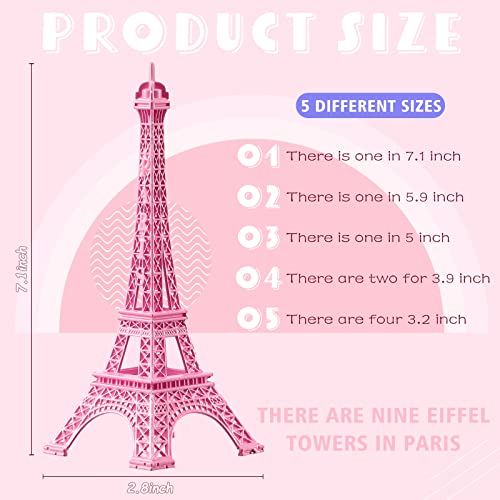 9 Pcs Eiffel Tower Statue Decor Alloy Metal Paris Eiffel Tower Party Decoration 5 Size Eiffel Tower Decor French Table Stand Holder Gift For Cake Topper Collectible Figurine Replica Home (Pink) #TOP1