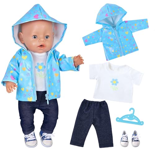 5 Stück Puppenkleidung 35-45 cm Baby Regen-Oufit mit 1 Blauer Sternenjacke 1 T-Shirt mit Blumenmuster 1 Hose 1 Schuhe 1 Kleiderbüge für 14-18 Zoll Baby Puppen Kleidung Zubehör Geschenke für Kinder