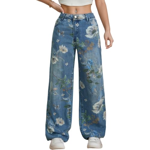 Wide Leg Jeans for Women Vintage Floral Printed Summer Casual Baggy Loose Denim Pants with Pockets