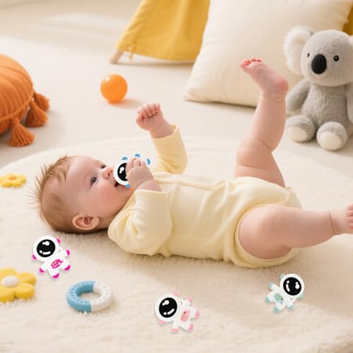 Image of Baby Teething Spaceman Toy for 3+ Months Infants Sucking, Food Grade Silicon Astronaut Styling Teether, BPA Free (4 in 1 Pack)