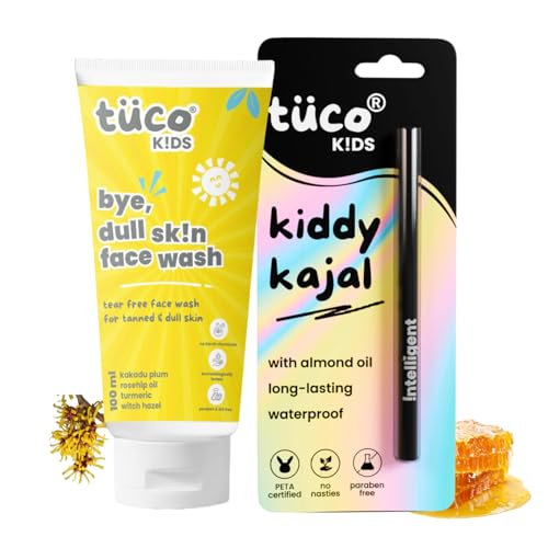 Image of Tuco Kids Face Wash and Kiddy Kajal | Combo Pack of 2 | Brightens Dull Skin | Turmeric & Kakadu Plum | pH Balanced Tear-Free | Ages 2-5, 4-10, 10-15, 5-10 Years | Paraben & Sulphate Free