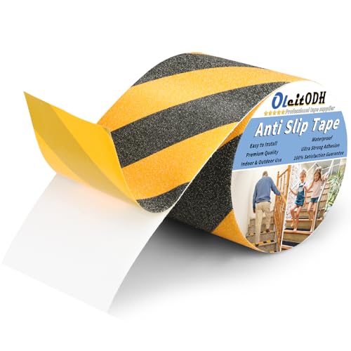 Image of 4 in x 60 ft Anti-Slip Tape for Stairs, Black /Yellow, Indoor /Outdoor | Strong waterproof adhesive, easy DIY cut-to-fit on wood, concrete, or tile. High-visibility stripes warn of slip hazards