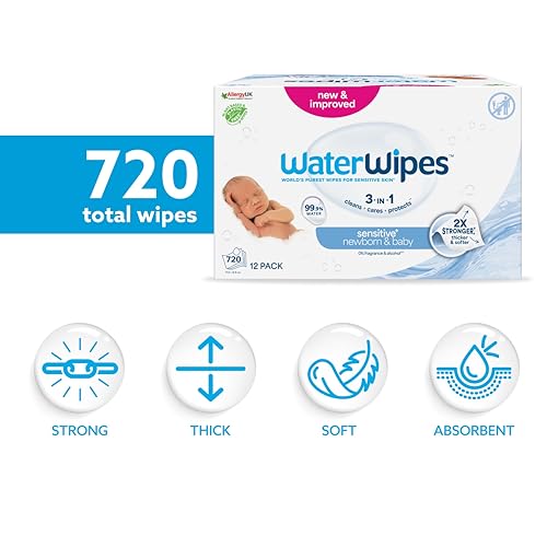 WaterWipes Sensitive+ Newborn & Baby Wipes, 720 Count (12 Packs), 3-In-1 Cleans, Cares, Protects, 99.9% Water, Unscented