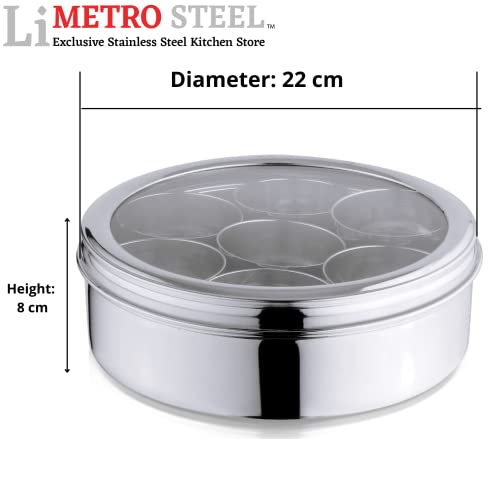 Image of LIMETRO STEEL Stainless Steel Spice Box with Mirror Lid (1 Container, 7 Bowls, 1 Spoons)