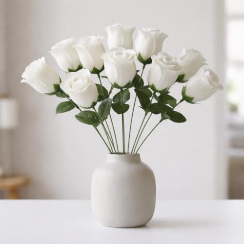 Vendola Artificial Fabric Rose Flower Thin Stem, Realistic Rose with Soft Petal Texture and Leaves, Decorative Floral Stem for Vase Décor, Table Arrangement and Gifting (Pack of 10) (White)
