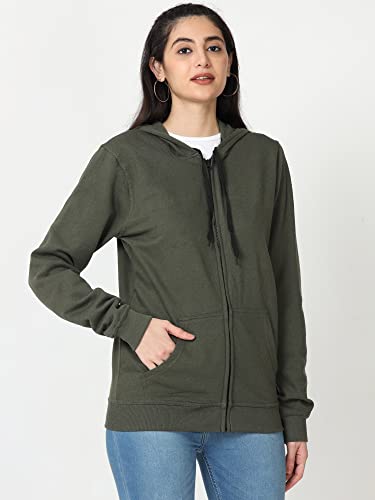 Image of Wafaa Women's Cotton Plain Hooded Neck Full Zipper Sweatshirt Hoodies with Kangaroo Pocket
