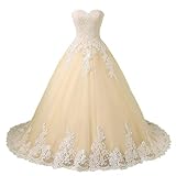 Vantexi Damen A-Linie Tüll Spitze Abendkleid Ballkleid Lang Brautkleider Hochzeitskleider Champagner Größe 42