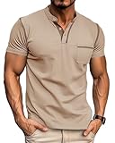 PRIVIMIX Tee Shirt Homme Manches Courtes avec Poche - Été Coton Henley Tshirt pour Travail et Sport, Kaki, M