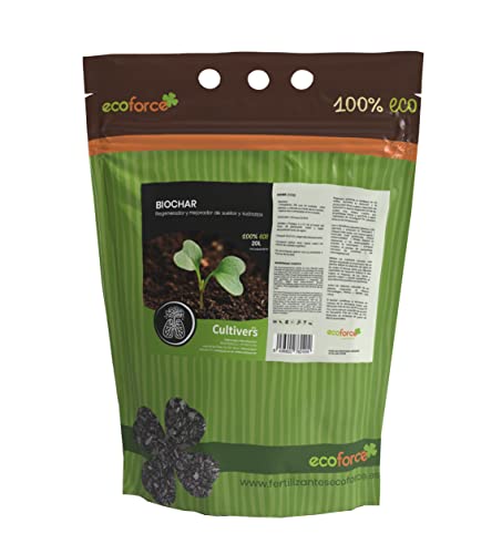 CULTIVERS Biochar 5 L (1kg) Carbón Vegetal Acondicionador y Retenedor de CO2 para Huerto, Césped, Composta y Plantas. Regenerador y Mejorador de suelo. Aumenta la fertilidad