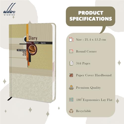 Image of ALDIVO Paper Cover Hard Bound New Year Diary 2026 | A5 Size 365 Days 2026 Daily Planner Diary with Dates, Calendar, Month Cut Index and Bookmark For Office, Personal and Corporate Use (AD622)
