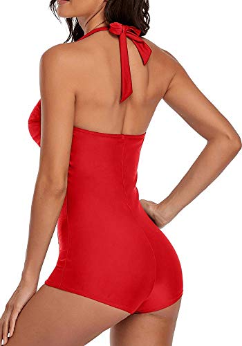 Elegant Inspired Boy-Leg One Piece Ruched Monokinis Swimsuit,Red-M #TOP2