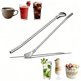 Stainless Steel Filter Straw Spoon, 2-in-1 Reusable Metal Drinking Straw with Detachable Double-Sided Filter, 9.65 Inch, 2 Pack