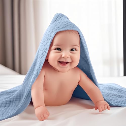 Image of VitalCozy 12 Pcs Baby Muslin Hooded Bath Towels and Washcloths, Muslin Hooded Baby Towels Absorbent Blankets for Gift Newborn Infant Shower (Blue Style)