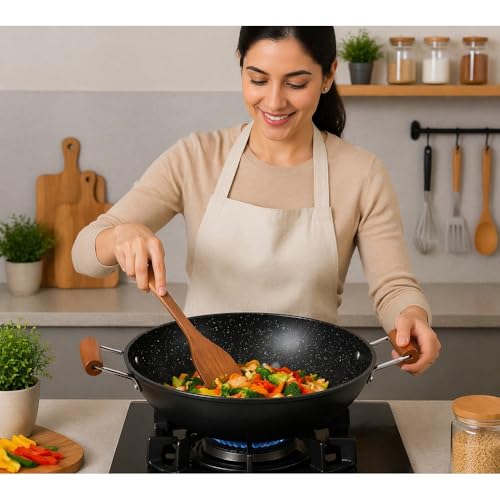 Granite Nonstick Wok Pan with Wooden Handles Deep Cooking Frying Pan 32 cm - Black - A1-2