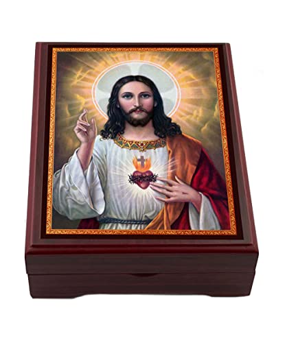 Needzo Rosary Box Sacred Heart of Jesus Wooden Icon Box,