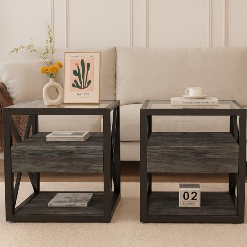 Set of 2 Modern End Table with Drawer - Nightstand for Bedroom & Living Room, Rustic Wood Grain MDF & Tempered Glass Top, Industrial Style Side Table