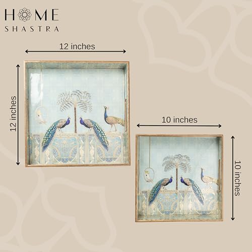 Image of Wooden Serving Tray with Gold Engraving | Set of 2 | Size : 12 x 12 inch & 10 x 10 inch | Enamel Coated Waterproof | Square Trays | Decorative Trays | (Blue Peacock Square Trays Set)