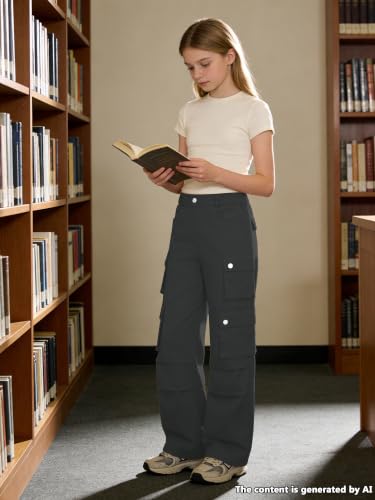 Image of SANGTREE Girls Wide Leg Cargo Pants Multi Pocket,6-14 Years | Cotton High Waist Baggy Trousers with Pockets Teen Y2K Streetwear School Pants| Back-to-school,Outdoor Play
