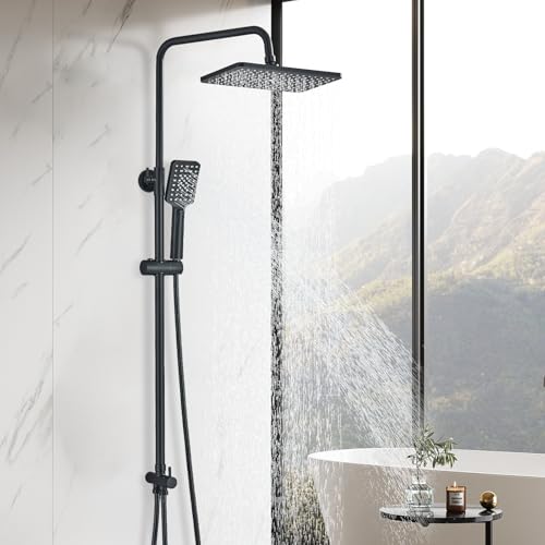 Cesinkin Noir Colonne de Douche sans Mitigeur Ensemble de Douche avec Douchette Réglables Robinet Douche avec Tête de Douche Carrée 29 * 19cm Acier...