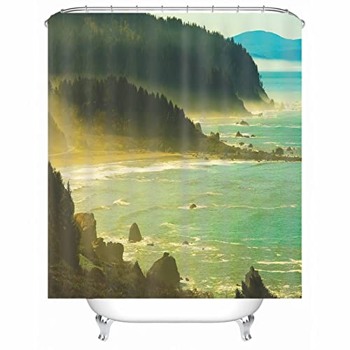 Whoiy Badevorhang Grün, Duschvorhang Waschbar mit Gewicht 150X200cm Polyester Badegardinen Bergmeer für Badezimmer Badewanne