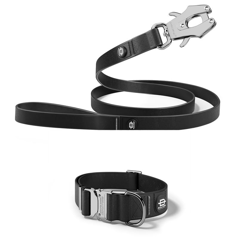 Bullyion ® Original Equipment Elite+ Waterproof Dog Collar & Dog Lead 1.4m – Lockforce Metal Clasp & Buckle – For Small To Large Dogs – All Breeds (Size 4 cm - Medium - Silver Platinum Buckle)