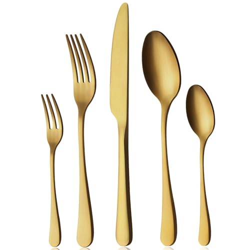 BEWOS Besteck Set für 6 Personen, 30 teilig Titanium Gold Essbesteck Set inkl. Messer, Gabel, Löffel, Besteck Edelstahl, Spülmaschinenfest (Matt...