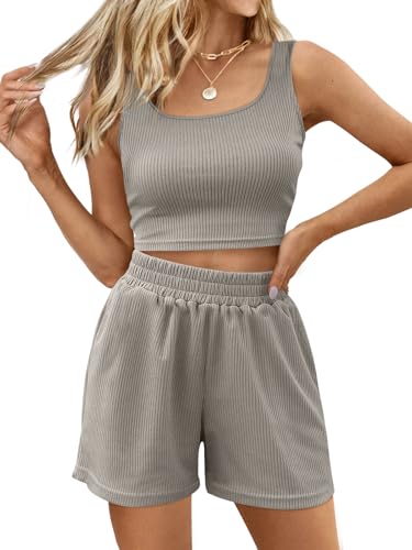 Trendy Queen Vacation Dresses for Women Two Piece Summer Outfits 2 Piece Sets 2026 Sleeveless Matching Lounge Crop Top High Waisted Short Grey S