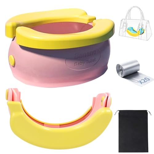 RIVERMUM® Orinal Portatil niños plegable, Orinal Portatil Banana,WC Portatil Niños, Plegable, Para Viajes al Exterior o en casa, incluye 20 Bolsas, Calendario de recompensas y Bolsa transporte (ROSA)